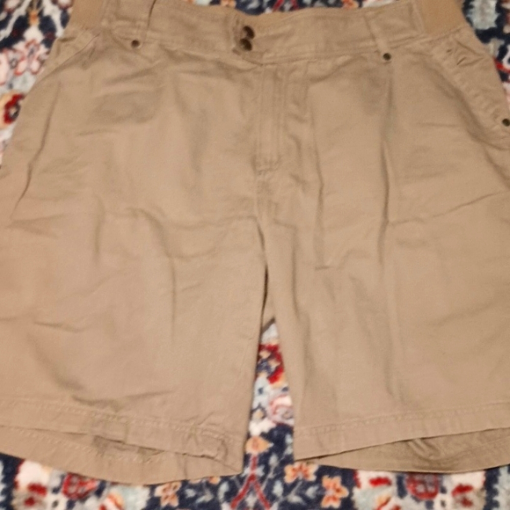 Khaki color jean shorts.